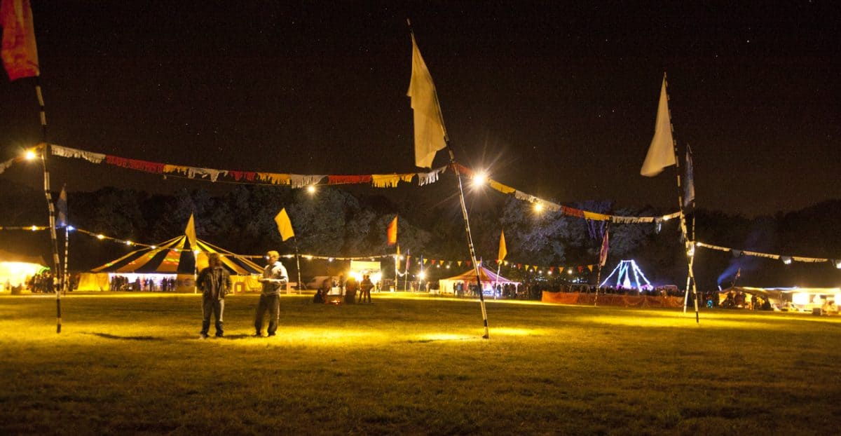 Flags and decor at night